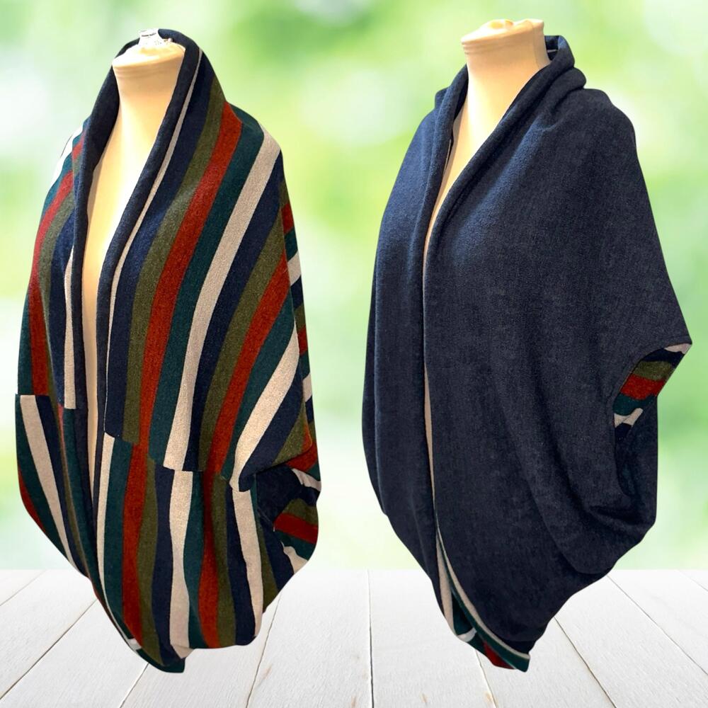 BODHI SWAG Reversible Cocoon Sweater Stripe Open Front Cardigan Charcoal S/M